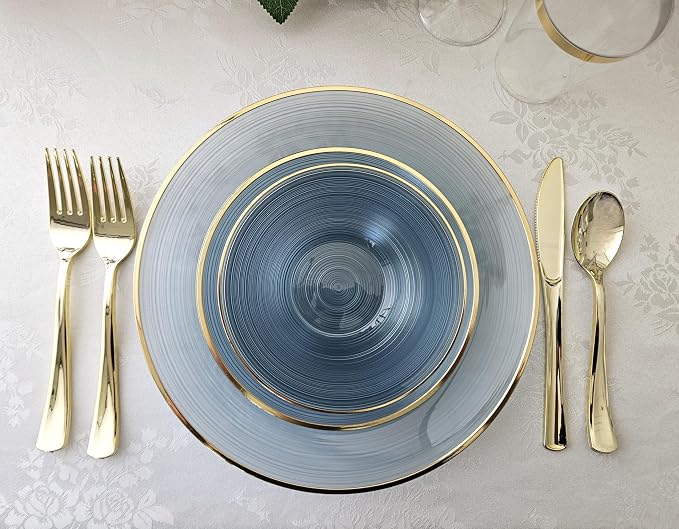 OCCASIONS 50 Plates (25 Guests) Disposable Plastic Plates, Heavy Duty Fancy China-Like Look Dinnerware Set for Wedding Party - 25x10'' Dinner+ 25x7'' Salad & Dessert - BPA Free, Belize in Blue & Gold