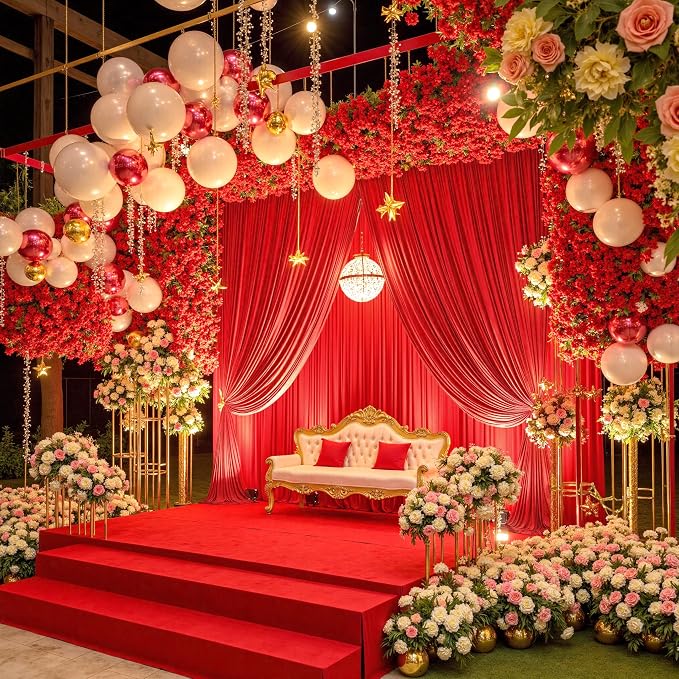 20ft×12ft Red Backdrop Curtain for Wedding Parties, 4 Panels Wrinkle Free Polyester Photo Backdrop Drapes Back Drop Cloth for Memorial Day Birthday Photography Background