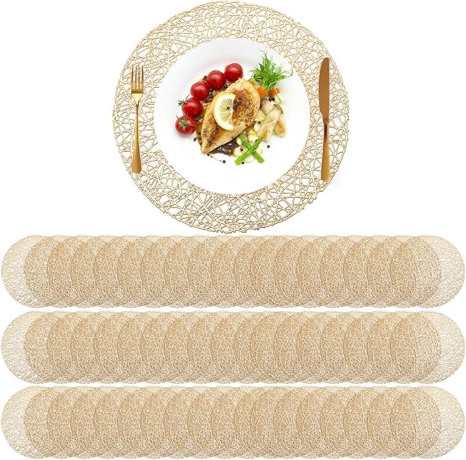 Sieral 60 Packs Gold Round Placemats 15 Inch Hollow Out Pressed Vinyl Place Mats Heat Resistant Woven Gold Placemats for Christmas Dinner Table Winter Holiday Party Wedding Centerpiece Decoration