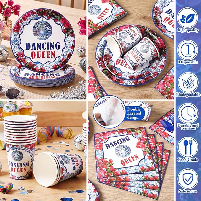 168 Pcs Dancing Queen Party Decorations Retro Disco Birthday Party Supplies Queen 17th Paper Plates Napkins 70s Disco Bachelorette Decor Blue Tiles Rose Red Floral Tableware Set Serves 24