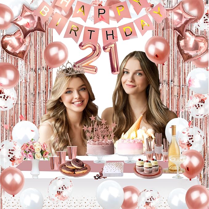 255 Pcs Rose Gold 21th Birthday Decorations for Women – Party Decoration Supplies Kit with “Happy Birthday” Banner, Balloons, Crown, Sash, Cake Topper, Tableware & Fringe Curtain for 25 Guests