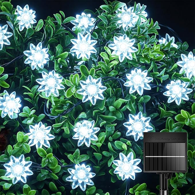 Brightown 50 LED Pure White Solar Flower String Lights Outdoor Waterproof, 23FT Solar Powered Fairy Lights with 8 Modes for Garden Yard Fence Patio Christmas Balcony Holiday Party Decor