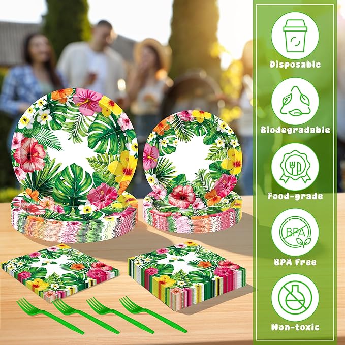 QZYL 122Pcs Luau Party Decorations, 30 Sets Paper Luau Plates and Napkins, Disposable 9" and 7" Hawaiian Party Decorations, Rectangle Hibiscus Palm Leaf Tableware for Summer Holiday Hawaiian Supplies