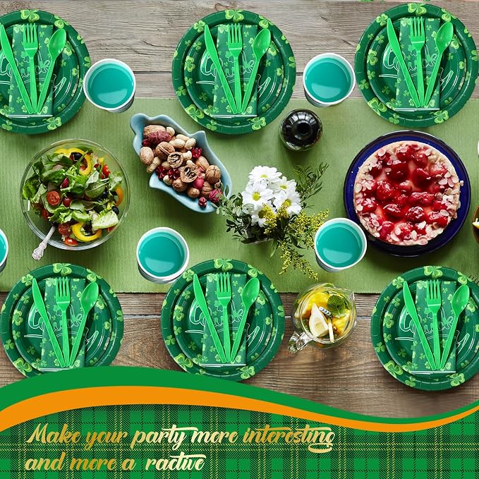 Pickmesh 400 Pcs St Patrick's Day Party Decorations, Shamrock Paper Plates Napkins Cups and Plastic Cutlery Set, Lucky Clover Green Disposable Tableware for Irish Party Supplies, Serve 50 Guests