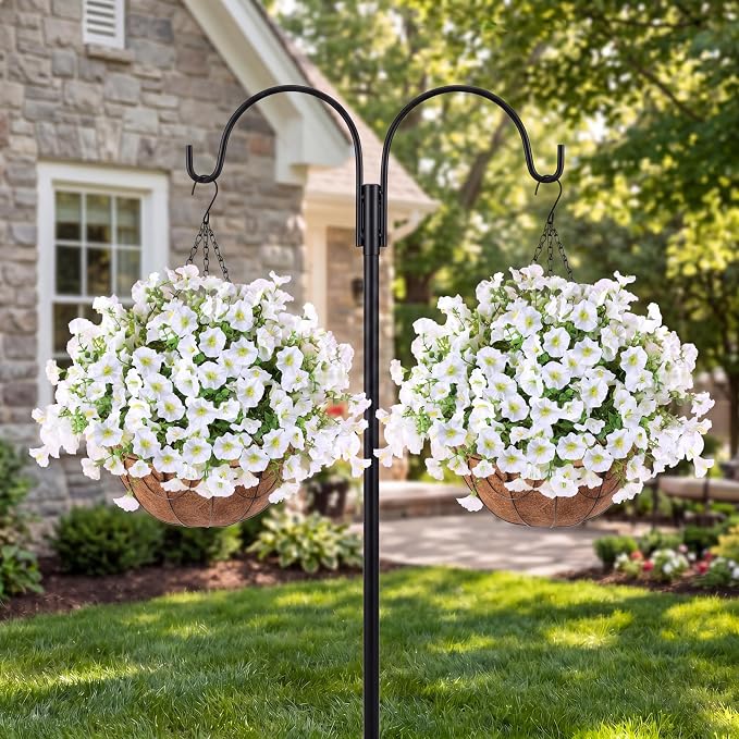 Sggvecsy Artificial Flowers for Outdoors with Baskets Hanging Plant Faux Flowers UV Resistant Fake Silk Morning Glory with Eucalyptus for Planter Porch Garden Home Spring Summer Decoration(White)