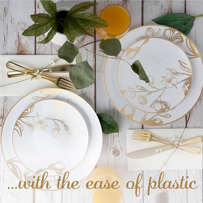 PLASTICPRO White Plastic Design Party Plates Premium heavyweight Elegant Disposable Tableware Dishes (128, Gold Floral)