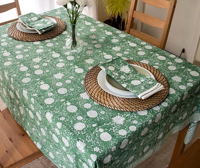 Block Print Table Cloth- 60x120 Inch Rectangle 100% Cotton Handmade Pre-Shrink, Washable for Spring, Kitchen & Dining Perfect for Patio, Indoor & Outdoor, Farmhouse
