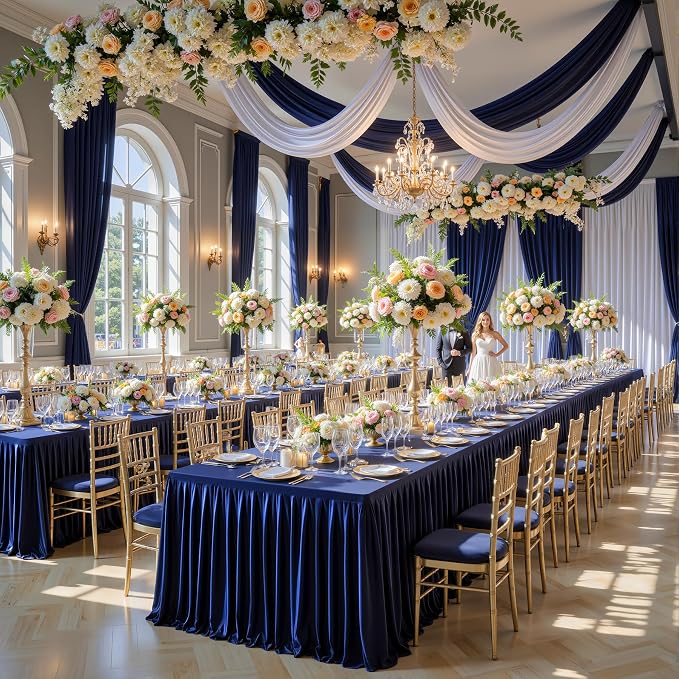 6 Packs Navy Blue Satin Tablecloths Rectangle 6FT, Glitter Fitted Stretch Table Covers Wrinkle-Free Floor Length Shimmer Table Skirt for Weddings Parties Baby Shower Banquets Vendor Events