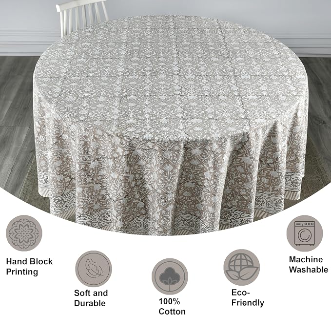 Ridhi Round Tablecloth Hand Block Print 100% Cotton Reusable Taupe 132 Inch Table Cover Decorative Everyday Use for Dining, Home, Party, Wedding, Farmhouse, Party Gift for Spring, Mother's Day