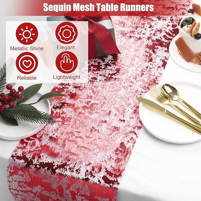 Aneco 12 Pieces Metallic Glitter Table Runner 84 x 11 Inches Red Glitter Mesh Table Runners Sparkle Rectangle Runner Roll Decorations for Wedding Baby Shower Birthday, DIY Home Decor