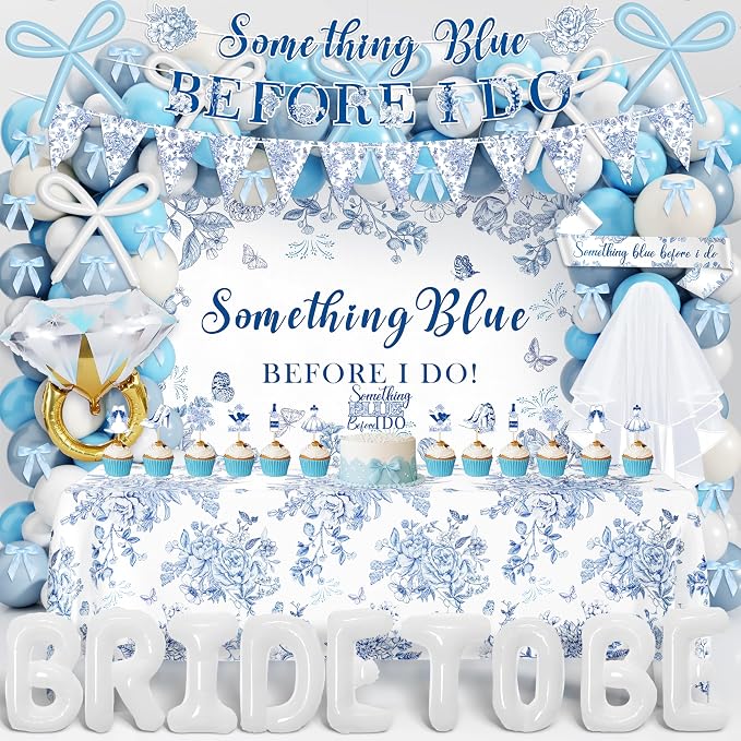 Something Blue Before I Do Bridal Shower Decorations,127 PCS Blue Bachelorette Party Decorations with Coquette Bow Balloon Arch Kit Floral Backdrop Tablecloth Banner Garland Cake Topper Veil