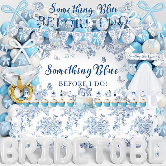 Something Blue Before I Do Bridal Shower Decorations,127 PCS Blue Bachelorette Party Decorations with Coquette Bow Balloon Arch Kit Floral Backdrop Tablecloth Banner Garland Cake Topper Veil