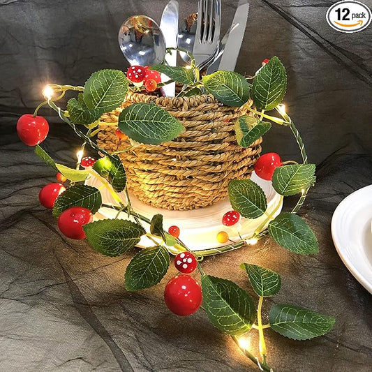 Artificial Cherry Mushroom Berries String Light Faux Rose Leaves Hanging Vines Plant Garland Wedding Spring Flower Decorative Fairy Light