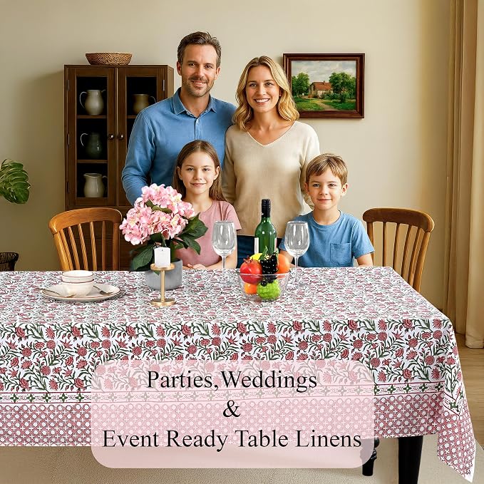 CPC Tablecloth 100% Cotton 70x108 Inch Indian Block Print Rectangle Table Cover, Gray Table Cloth for Weddings, Spring/Summer, Barbeque - Red Garnet
