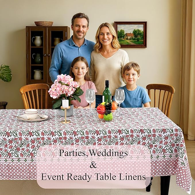 CPC Tablecloth 100% Cotton 72x140 Inch Indian Block Print Rectangle Table Cover, Red Table Cloth for Weddings, Spring/Summer, Barbeque - Red Garnet
