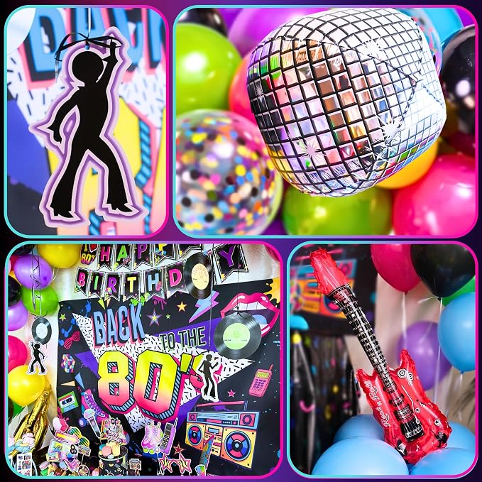 Premium 80s Party Decorations, Back to the 80s Birthday Party Decorations with Fabric Backdrop, Tattoos, Balloon Garland, Banner, Table Decor, Photo Props, Cake Toppers for Birthday Party, and More