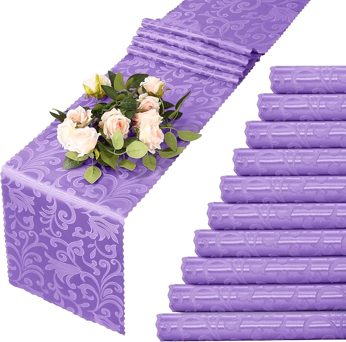 MILVOWOC 12 Pack Lilac Satin Table Runner, 12 x 72 Inch Jacquard Damask Table Runner Rectangle Bright Silky Decorative Table Runner for Party Banquet Birthday Dinner Wedding Table Decor