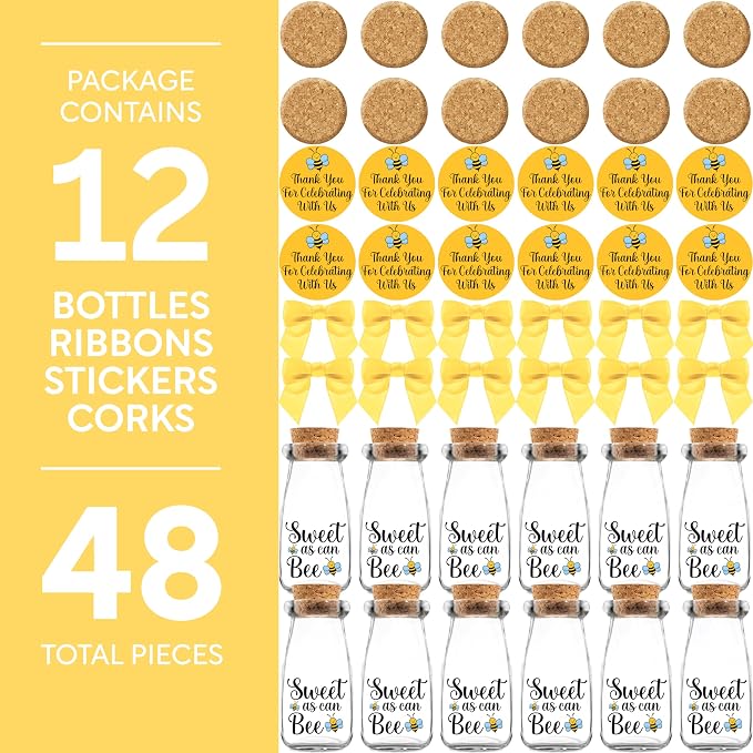 Ethisa Vintage 12 Pack Bee Party Favor Glass Bottles with Ribbons and Stickers - Classy Baby Shower and Birthday Souvenir for Guests and Table Centerpiece Decoration - Sweet as Can Bee Honey Candy Jar