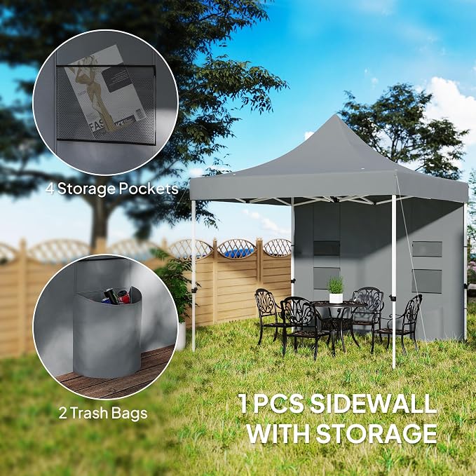 Outsunny 10' x 10' Heavy Duty Pop Up Canopy Tent with Sidewall and Trash Bags, UPF50+ Instant Sun Shelter, Height Adjustable, with Wheeled Bag, Sand Bags for Outdoor, Patio, Gray