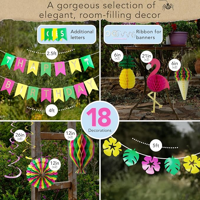 Premium Reusable Luau Party Decorations - Hawaiian Party Decorations, Happy Birthday Decorations - Aloha / Happy Birthday Banner, Pineapple, Flamingo Decor- Summer / Beach / Tropical Party Decorations