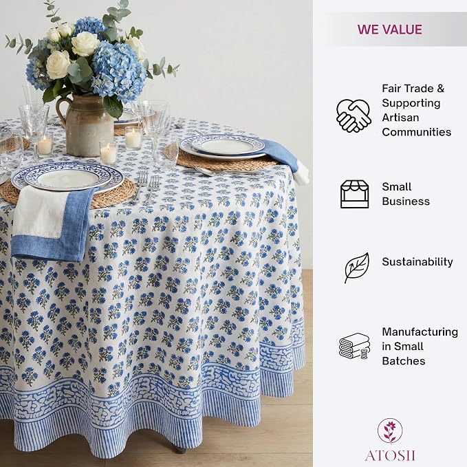 ATOSII Gulbahar Blue 100% Cotton Fall Round Tablecloth, Handblock Print Floral Table Cloth for Kitchen Dining Linen I Thanksgiving, Christmas, Weddings, Outdoors, Parties I 90" Inches Diameter