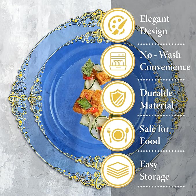 Nervure 175PCS Clear Blue Plastic Plates - Plastic Dinnerware Set Include 25Dinner Plates, 25Dessert Plates, 25Cups, 25Forks, 25Knives, 25Spoons, 25Napkins Perfect for Wedding & Party
