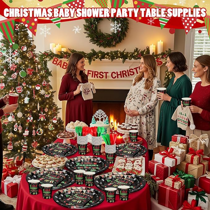 168 Pcs A Little Present Is on the Way Christmas Baby Shower Party Supplies Green Red Tableware Set Disposable Paper Plates Cups Utensils for Christmas Baby Shower Birthday Party serve 24