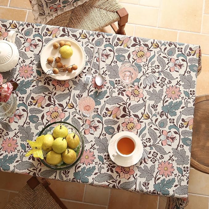 ISAENNE Designer Boho Floral Long Rectangle Tablecloth,Linen Lotus Flower Pattern Colorful Indoor Table Cloth,Durable Decor Tablecloths for Dining Thanksgiving Kitchen Christmas,63"*94"-Hazel A