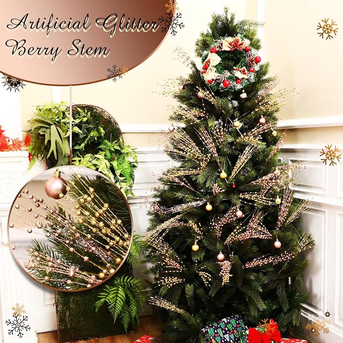 Geosar 30 Pcs Artificial Glitter Berry Stem Decorations 17 Inch Faux Stick Floral Pick Centerpiece Bouquet Flower Bead Twigs for Centerpiece Tree Wreath Ornaments Home(Rose Gold)