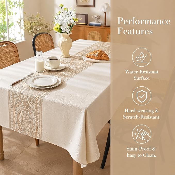 Nordic Beige Linen Tablecloth, Heavy-Duty Rectangle Cover | Spill-Resistant & Wrinkle Free Elegant Drape Table Protector for Kitchen Dining Room Party Decor