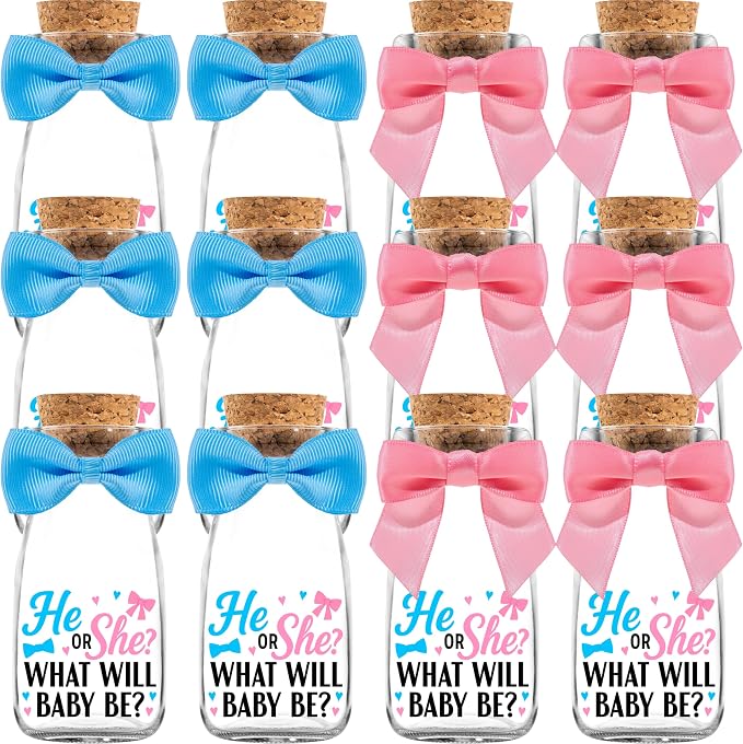 Ethisa 12 Pack Gender Reveal Glass Jars - He or She Gender Reveal Party Favors for Guests and Table Centerpieces - Classy Boy or Girl Milk Glass Bottles - Baby Shower Decorations and Candy Gifts