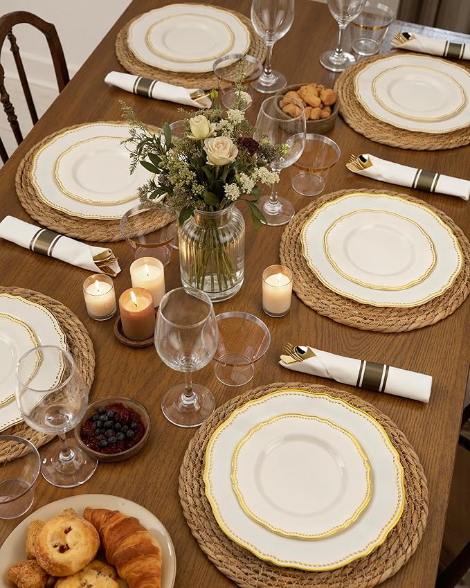Hioasis 175pcs Ivory Gold Plastic Plates - Gold Plastic Dinnerware Set Includes 25 Dinner Plates, 25 Dessert Dinnerware, 25 Cups, 25 Napkins Perfect for Wedding & Party