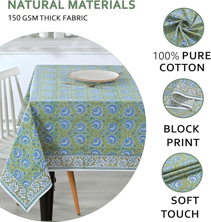Ridhi Verdant Mist Hand Block Print Cotton Rectangle Tablecloth 108" x 70" inches Reusable Table Cover Decorative Everyday Use for Dining Room, Farmhouse, Home Gift for Spring, Mother's Day