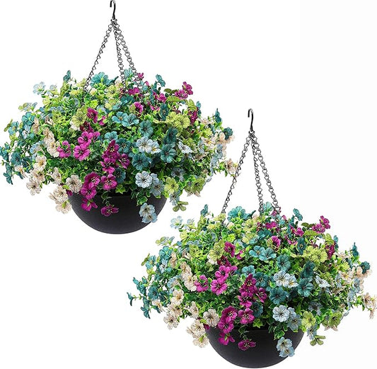 2 Sets Artificial Hanging Plants Flowers with Basket for Outdoors,30 Bundles UV Resistant Fake Plants Spring Summer Decoration Faux Silk Eucalyptus Garden Patio Yard Front Porch Balcony Arrangement