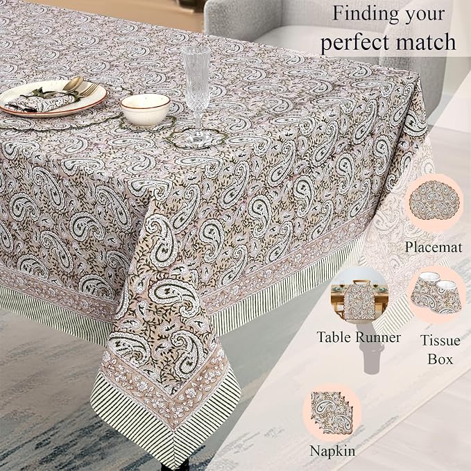 Ridhi Royal Beige Hand Block Print Cotton Rectangle Tablecloth 90" x 60" inches Reusable Table Cover Decorative Everyday Use for Dining Room, Farmhouse, Home Gift for Spring, Mother's Day