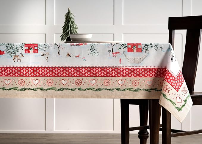 Maison d' Hermine Table Cloth Rectangle Table 100% Cotton 60 x 108 Inches Fall Tablecloth Reusable Everyday Use for Thanksgiving Christmas Decorations Dining Farmhouse Party (Rural Christmas)