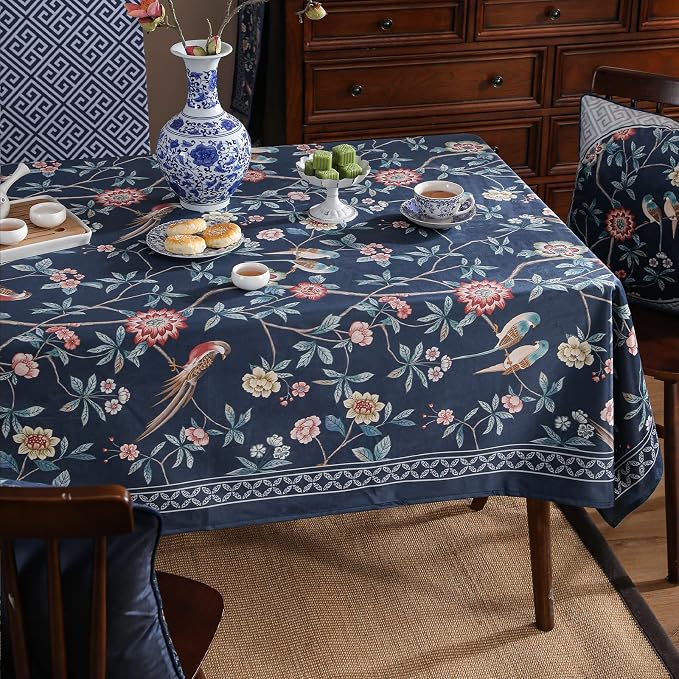 patdrea Elegant Vintage Linen Tablecloth,Rectangular,87"x63"-Lanruoting | Chinoiserie Table Cloth for Rectangle Table,Blue Oriental Bird Floral Print,Dining Tea Party Thanksgiving Table Decor
