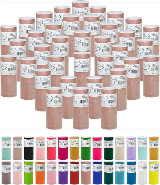 Expo International Decorative Matte Tulle, Lightweight Polyester Tulle Fabric for Tutus, Costumes, and Party Decorations, Washable, Easy-to-Use, 6 Inch x 25 Yards, Rose Gold, Pack of 36
