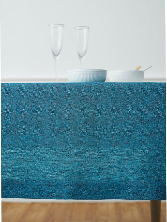 Solino Home Linen Tablecloth 60 x 90 Inch - 100% Pure Linen Chambray Teal Table Cloth for Rectangle Tables - Athena, Machine Washable Tablecloth for Summer