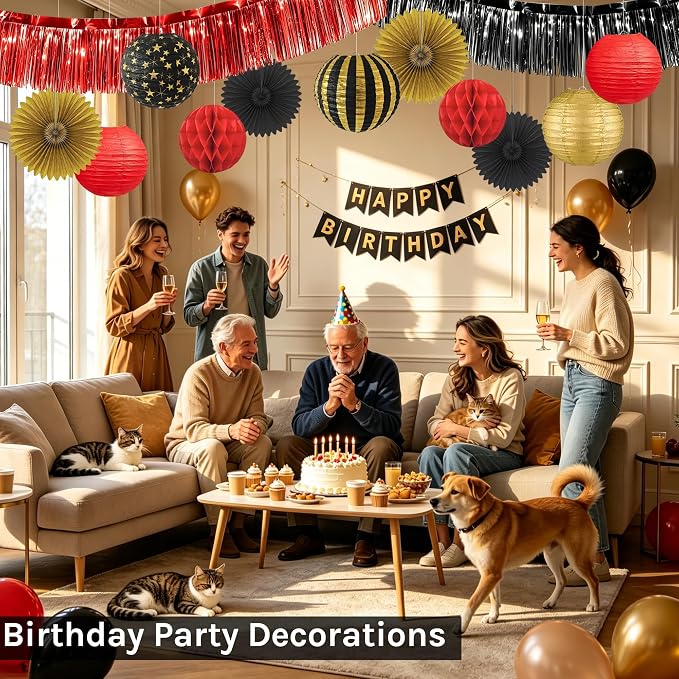 Red, Black & Gold Party Decorations for Birthday, Retirement, Graduation, Casino Night, Red Carpet, Hollywood Theme - Hanging Paper Lanterns, Fans & Streamers Set