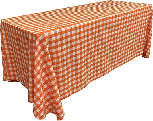 LA Linen TCcheck90x132-OrangeK48 Polyester Gingham Checkered Rectangular Tablecloth, White & Orange - 90 x 132 in.