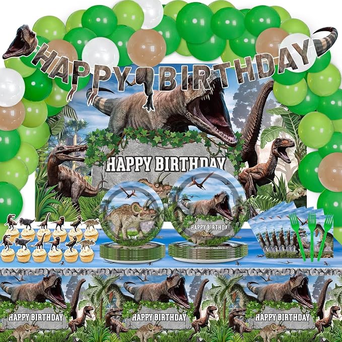 189 Pcs Dinosaur Birthday Party Supplies Set Dinosaur Party Decorations Kit Dinosaur Plates for Birthday Party Includes 24 Guests Tablecloth Backdrop Banners Cake Topper Baby Shower Kids Party Favors