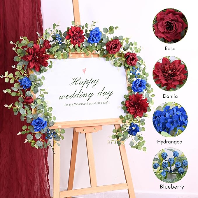 Waipfaru Flower Garland, 6.07Ft Eucalyptus Greenery Garland, Rose Floral Vines for Wedding Table Runner Centerpieces Backdrop Decor (Red Blue)