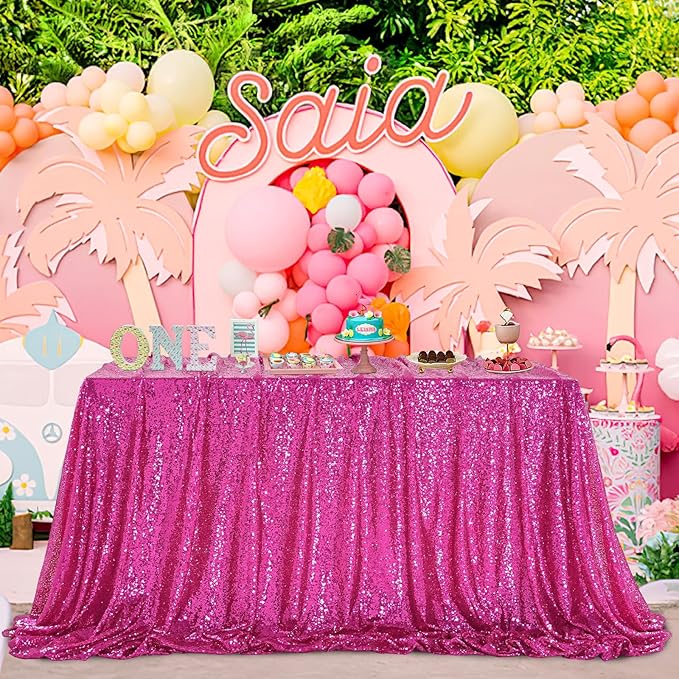 QueenDream Hot Pink Tablecloth 60 x 102 Inch Sequin Tablecloth Fuchsia Sparkly Tableclothfor Bridal Baby Shower Wedding Christmas Decorations