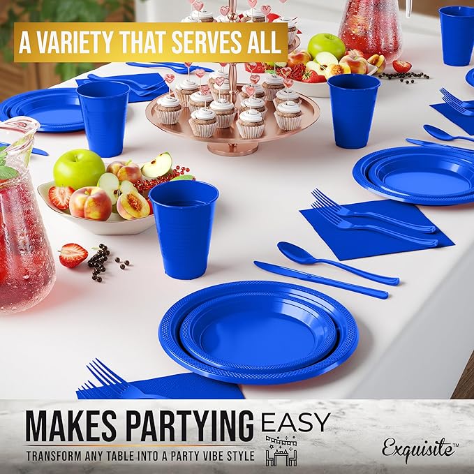 350 Pcs Dark Blue Plastic Plates For Party, Dark Blue Disposable Plates Set, 50 Of Each 9" Dinner Plate Set, 7" Dessert Plate, Cups, Napkins & Cutlery Plastic Dinnerware Set Exquisite