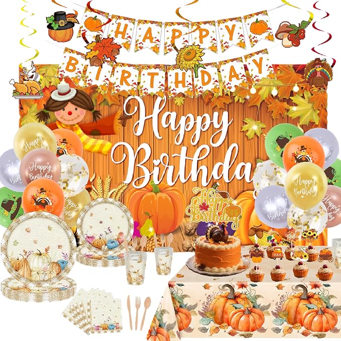 Thanksgiving Themed Happy Birthday Decoration，Happy Birthday Banner, Hanging Swirls, Latex Balloons, Cake Toppers, Disposable Tableware Set, Backdrop & Tablecloth for Kids Adults Birthday Party Decors