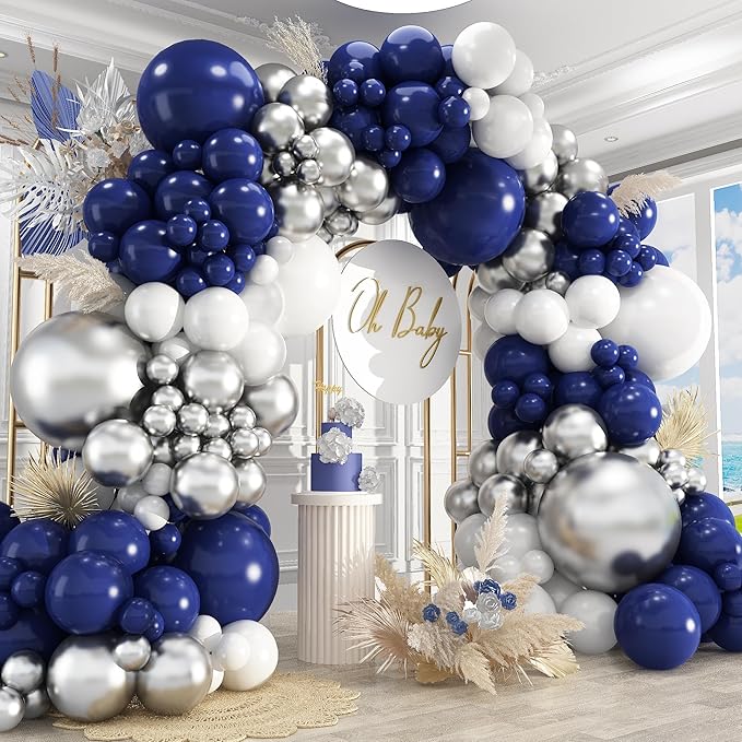 412Pcs Navy Blue and Silver Balloons Arch Garland Kit,5 10 12 18 inch Navy Blue White Silver Balloons for Birthday Wedding Graduation Anniversary Decorations