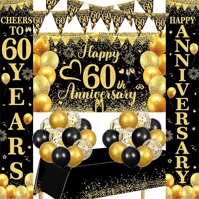 Black Gold Happy 60th Anniversary Decorations for Men Women, Black Gold 60th Wedding Anniversary Party Decorations Banner, Porch Banner, Triangle Flag, Tablecloth and Balloons Kit Party Supplies