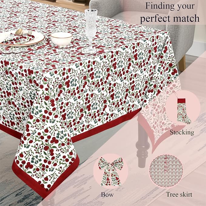 Ridhi Garnet Red Hand Block Print Cotton Rectangle Tablecloth 120" x 80" inches Reusable Table Cover Decorative Everyday Use for Dining Room, Farmhouse, Home Gift for Spring, Mother's Day