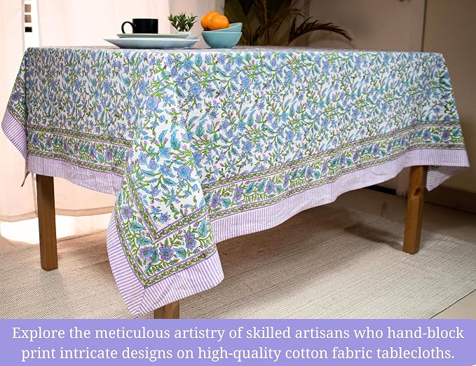 Purple Block Print Table Cloth- 60x90 Inch Rectangle 100% Cotton Handmade Pre-Shrink, Washable for Spring, Kitchen & Dining Perfect for Chirstmas, Patio, Indoor & Outdoor, Farmhouse